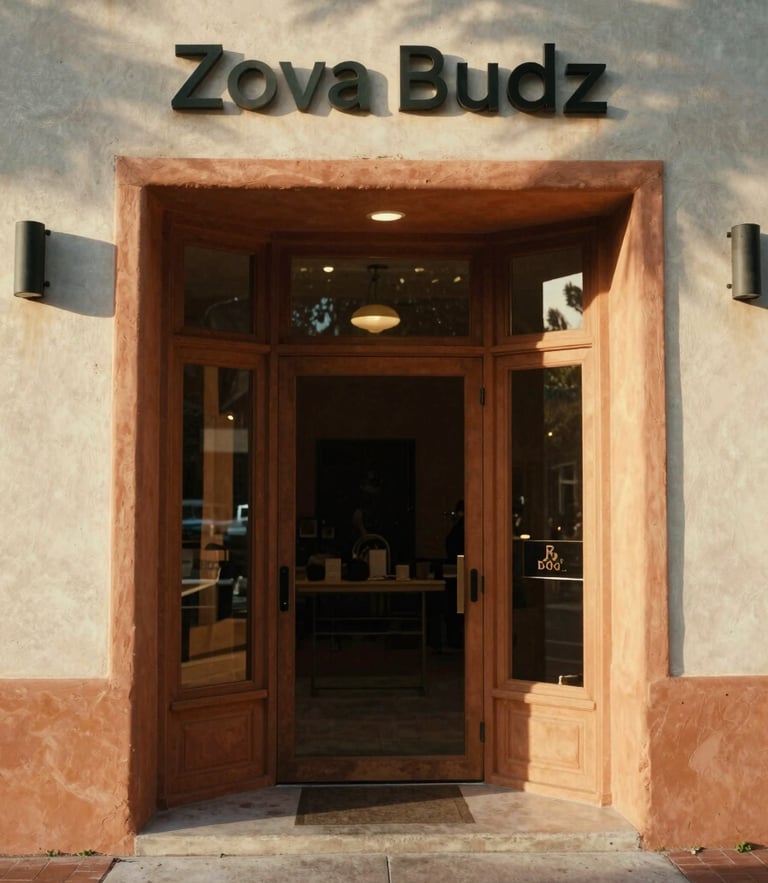 Warm editorial photography of Zova Budz terracotta storefront entrance in Miami, golden-hour Florida sunlight, soft shadows, 35mm film