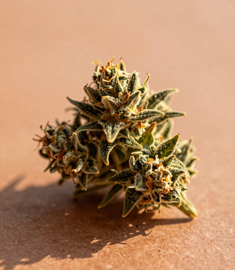 Macro shot of a trichome-rich botanical hemp flower resting on a warm terracotta surface, soft golden-hour Florida sunlight, shallow depth of field, 35mm film