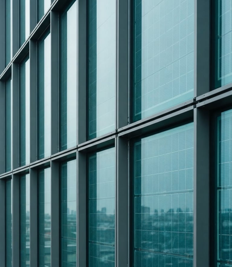 Close-up of a modern architectural facade with clean lines and solar glass integration, bright overcast daylight, cool teal tones