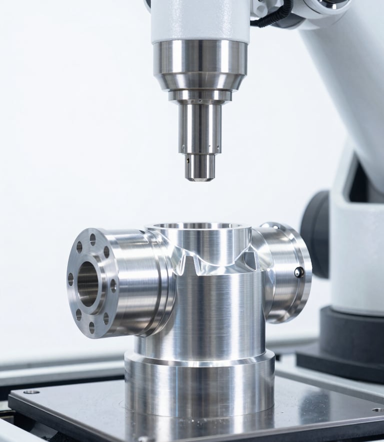 Gleaming machined aluminum aerospace component held by robotic arm inside a pristine CNC mill, bright high-key studio lighting, crisp metallic reflections, sharp focus