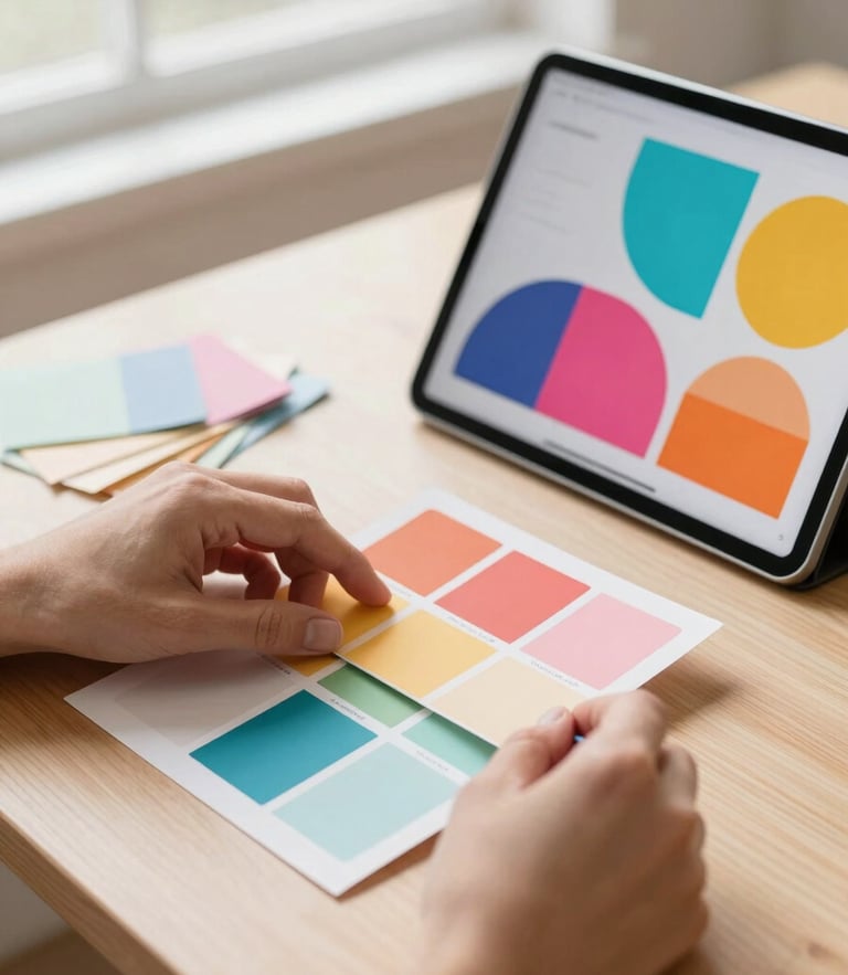 Close-up shot of a designer's hands arranging color swatches on a clean wooden desk next to an iPad displaying a vibrant, modern brand guide under soft window light.