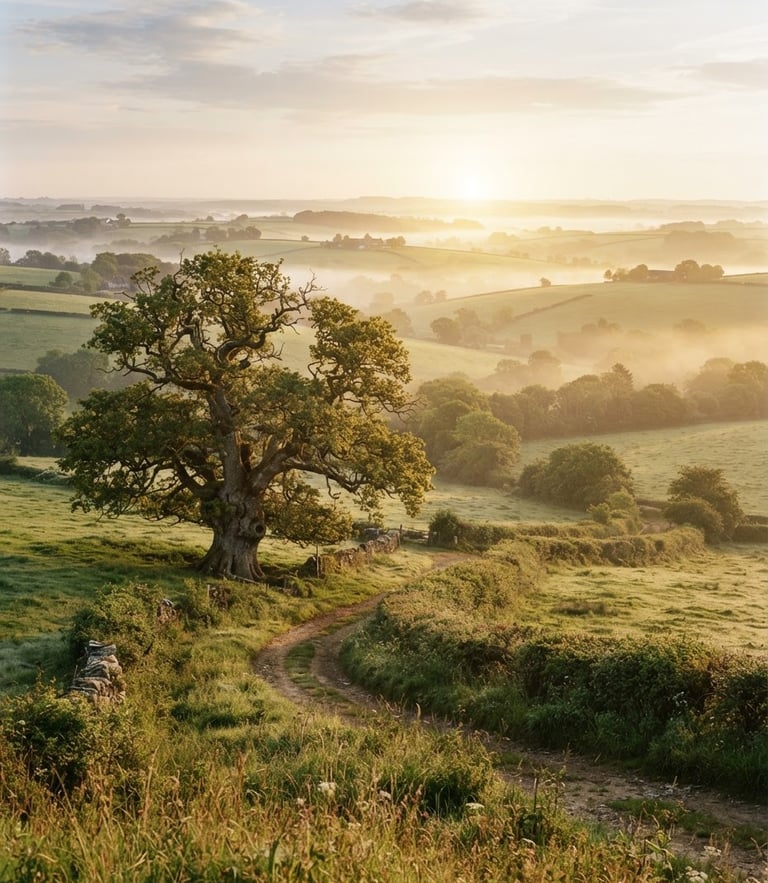 Wide panoramic view of the Normandy countryside at sunrise, soft golden mist over rolling green fields, ancient oak tree, warm editorial photography, 35mm