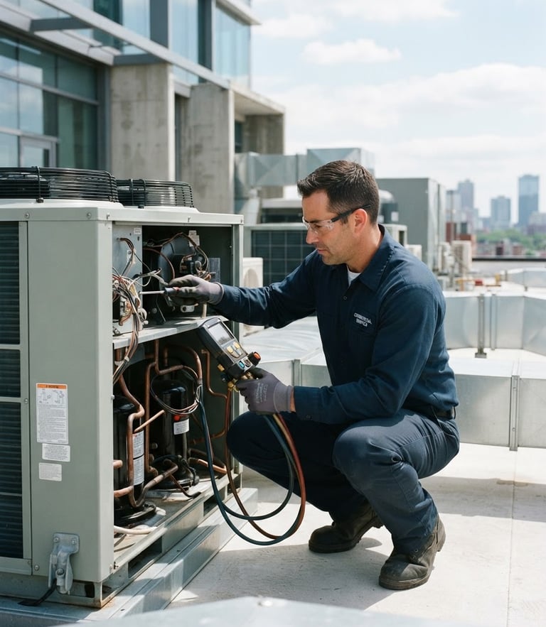 A professional technician in a clean navy uniform servicing a modern commercial HVAC system with technical tools, bright daylight, 35mm