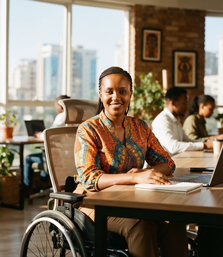 Warm editorial photography of a Kenyan woman with a physical disability sitting confidently in a sunlit Nairobi office, bright natural East African sunlight, eye-level empowering framing, 35mm