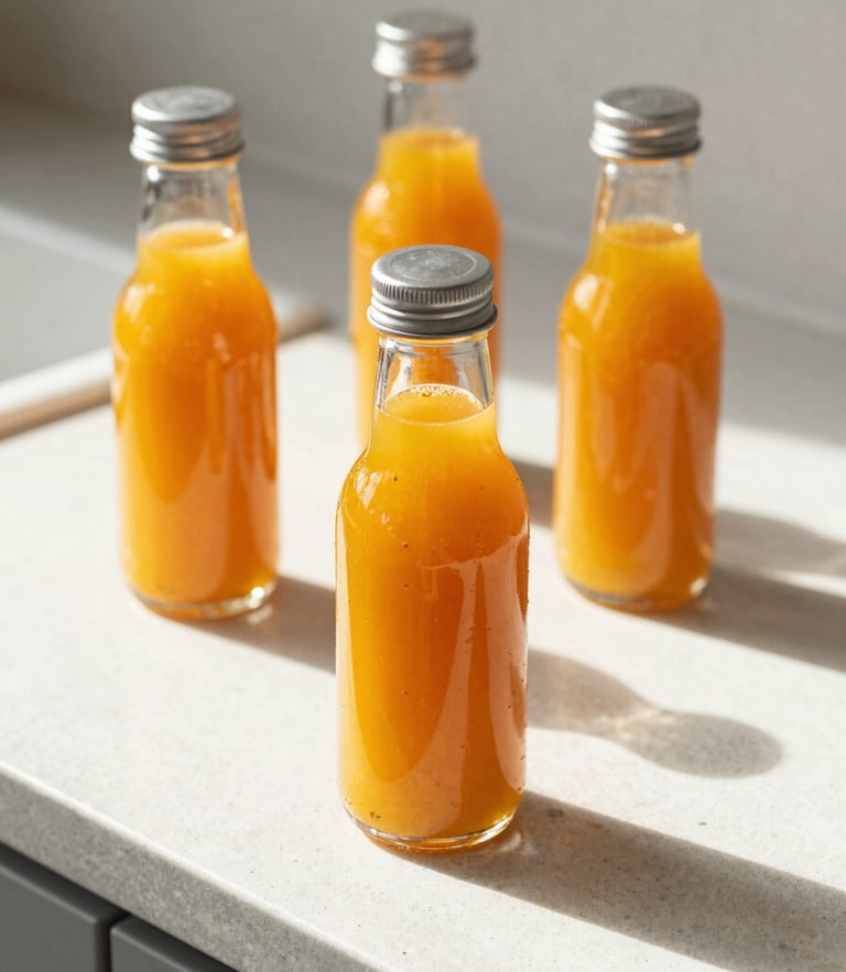 Close-up of clean amber glass bottles of sea buckthorn pulp juice on a warm-white stone kitchen counter, bright morning sunlight casting sharp shadows.