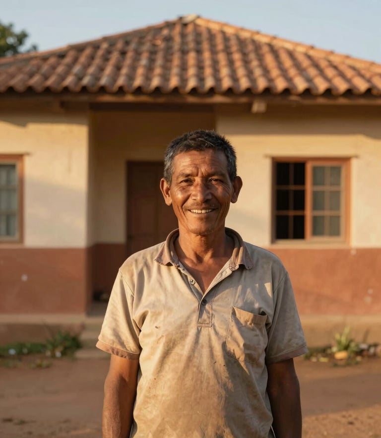 Warm environmental portrait of a local community member smiling in front of a newly restored terracotta-accented home, soft golden-hour daylight, medium format.