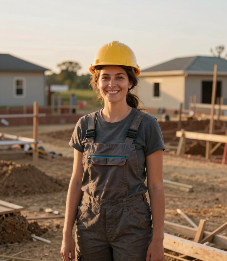 A warm medium environmental portrait of a local female construction apprentice smiling on an active, clean community build site under soft golden-hour daylight.