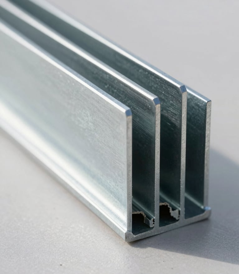 Extreme close-up of a perfectly aligned metal stud profile for drywall under bright natural daylight, sharp focus on clean steel edges.