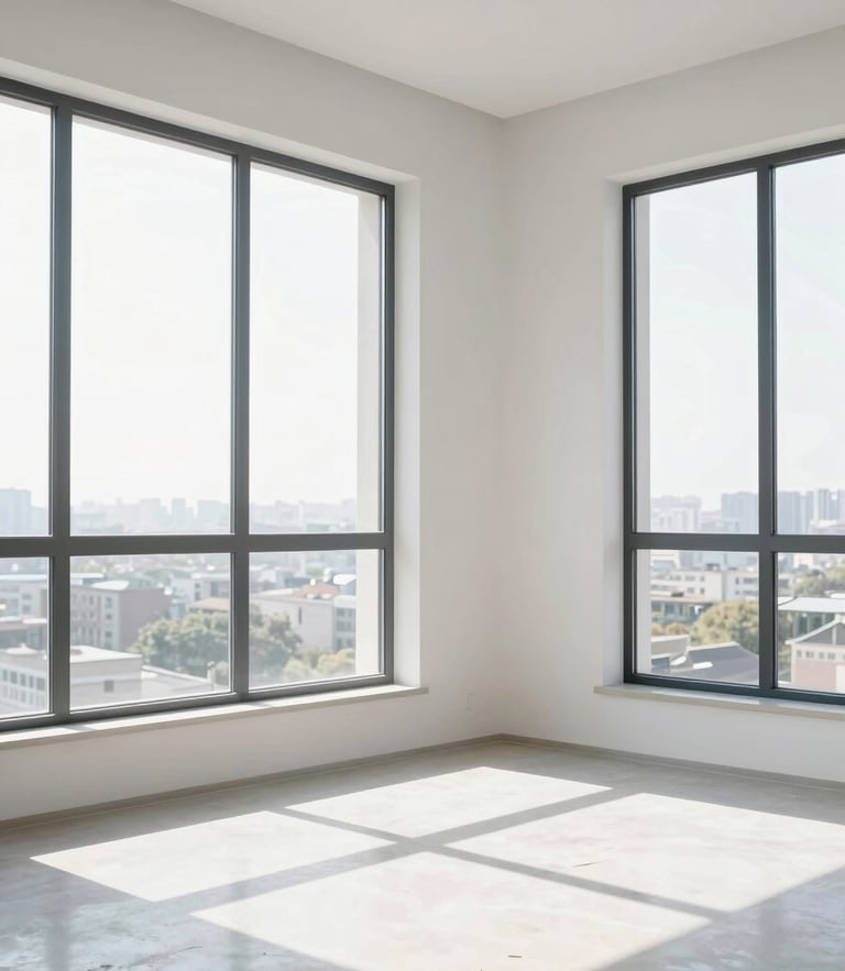 Bright architectural interior photography of a newly renovated room, natural daylight streaming through large clean windows, pristine dust-free surfaces, sharp focus