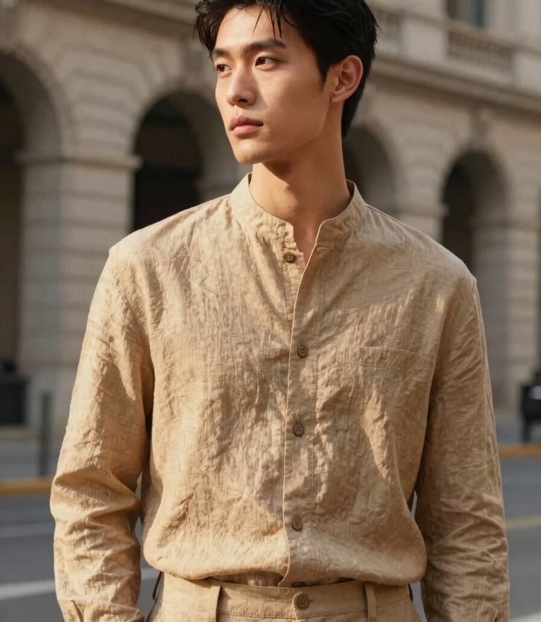 Model in unforced pose wearing a structured warm sand linen outfit, soft natural afternoon light from the side, urban architectural background, 35mm lens