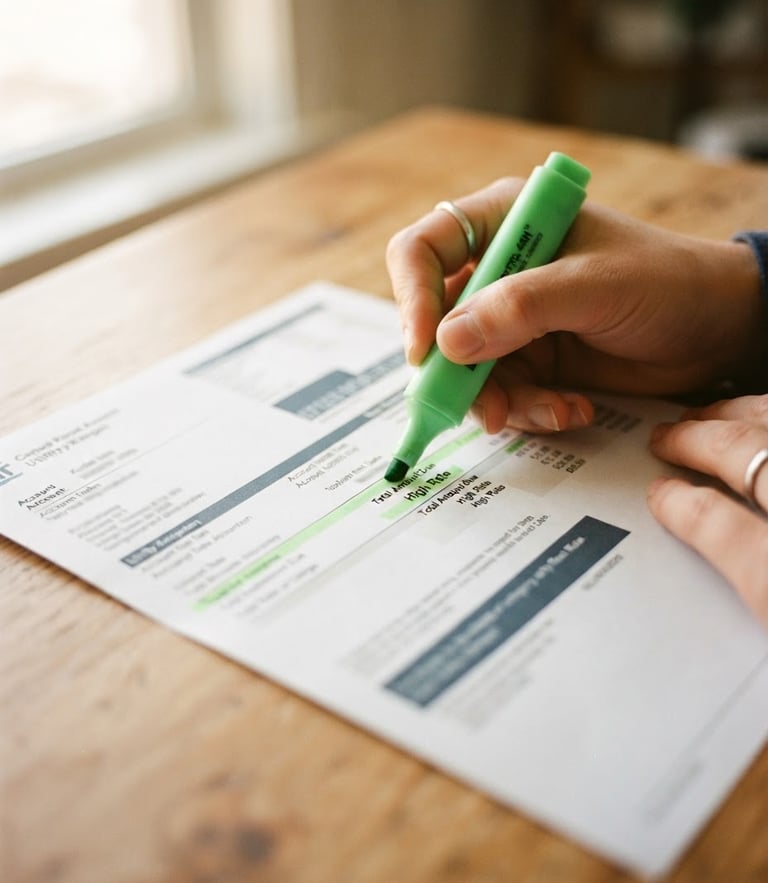Close-up of a physical utility bill on a warm wooden table, a hand holding a green highlighter marking a high rate, soft window light, 35mm photography