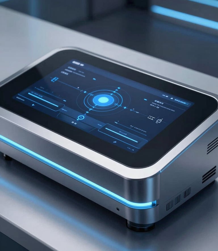 Sleek close-up of high-end office automation equipment and digital interface, sharp glass reflections, cool blue light streaks, dark professional background