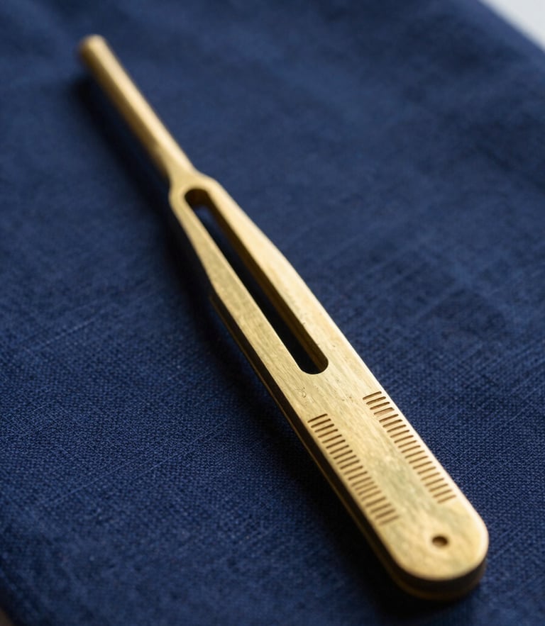 Macro portrait of clinical diagnostic tools, soft natural daylight illuminating a brass tuning fork on a dark blue linen surface, peaceful atmosphere