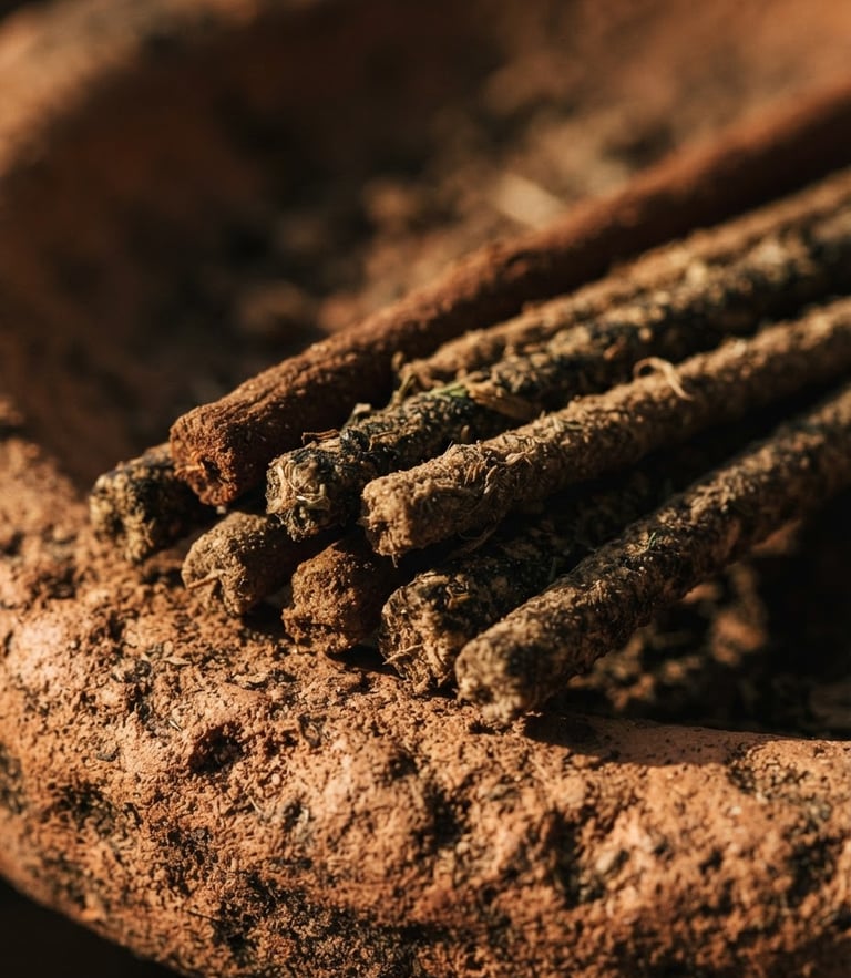 Macro close-up of hand-rolled incense sticks resting on a terracotta surface, warm side-lighting, deep shadows, 35mm