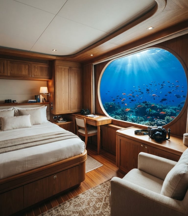 Cinematic wide-angle of a luxury liveaboard cabin interior with teak wood finishes and a large window looking out at deep blue ocean water