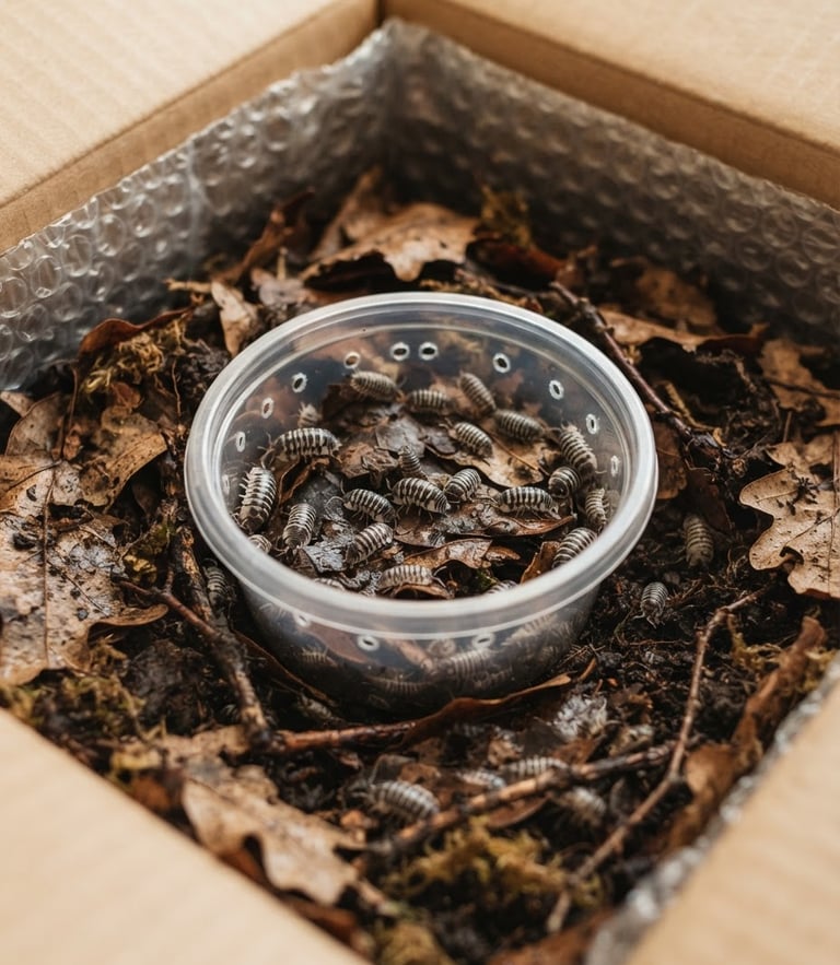 Detailed macro photography of a shipping box interior, showing insulated lining, damp oak leaf litter nest, and a clear container of active zebra isopods under warm diffused light, shallow depth of field, 100mm lens