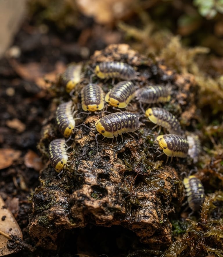 Detailed macro photography of a cluster of high-expression Rubber Ducky isopods on a damp piece of cork bark, soft morning light, shallow depth of field, warm forest earth tones