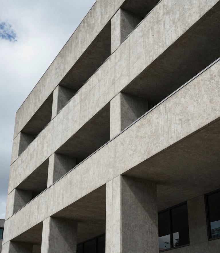 Macro architectural detail of a modern civic financial institution, sharp concrete lines, cast shadows, cool overcast daylight.