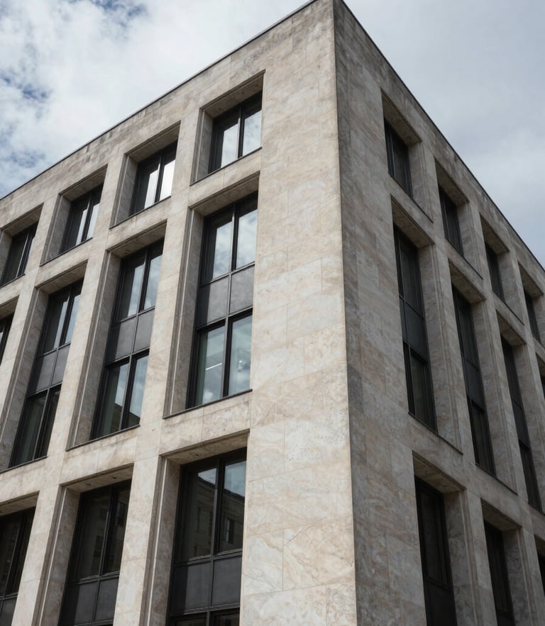 Wide-angle architectural detail of a modern financial institution's stone facade, clean geometric shadows, cool overcast daylight framing.