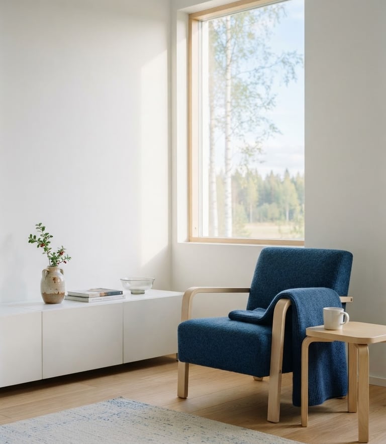 Minimalist clean Finnish home interior, warm morning daylight through a high window, soft shadows, pristine white walls and elegant deep blue textile accents, sharp focus, 35mm