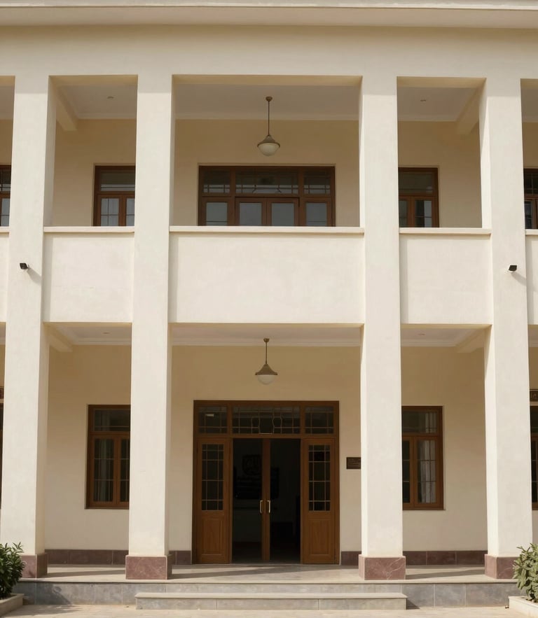 Symmetrical environmental shot of a clean Syrian institutional building lobby with bright daylight, muted national colors, sharp focus, 35mm
