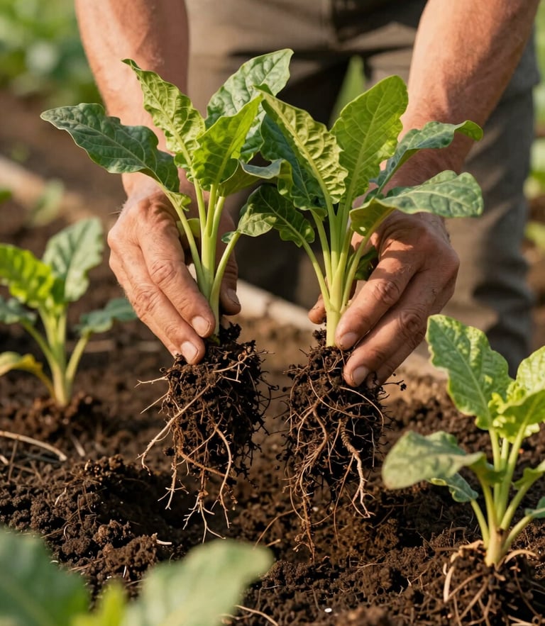 Hands of a farmer holding healthy root systems with rich dark soil, close-up shot, natural daylight, showing modern sustainable farming techniques