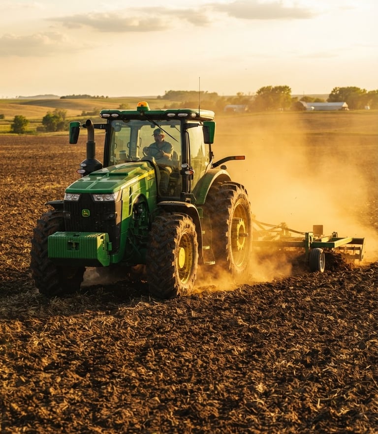 A medium-close shot of a modern green tractor working in a rich brown soil field during golden hour, dust kicking up in the warm sunlight, sharp focus, 35mm lens.