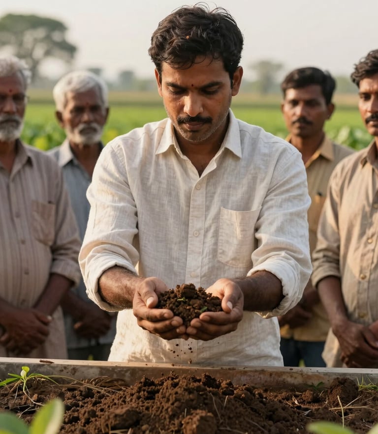 A medium-close shot of an agricultural scientist in a light linen shirt demonstrating soil testing to a group of Indian farmers, outdoors under soft overcast daylight, sharp focus on hands holding soil