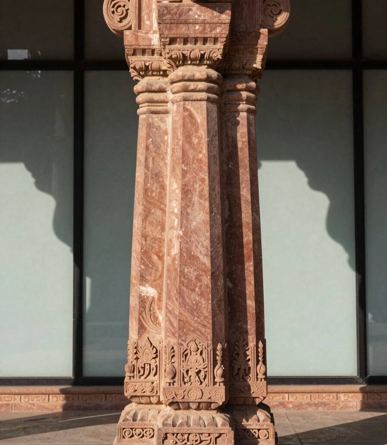 Symmetrical architectural shot of a hand-carved Jodhpur sandstone pillar meeting a clean glass wall, sharp directional afternoon sunlight casting dramatic shadows.
