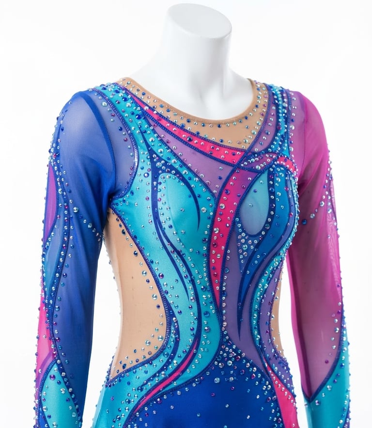 Bright high-key studio photography, crisp white background, elegant rhythmic gymnastics leotard on a mannequin, showcasing precise seams and perfect cut, 85mm lens