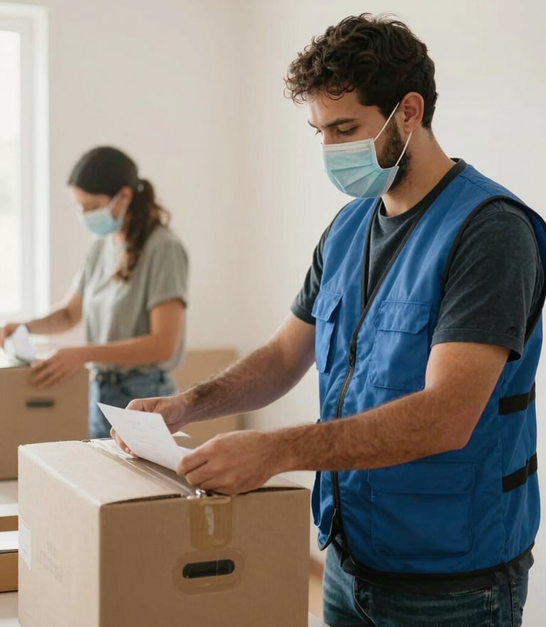 Plan medio de un voluntario con chaleco azul organizando cajas de ayuda humanitaria bajo luz natural clara, estilo documental.