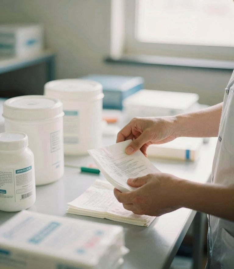 Hands sorting medical supplies in a bright warehouse, warm natural daylight, authentic documentary style, muted hopeful tones