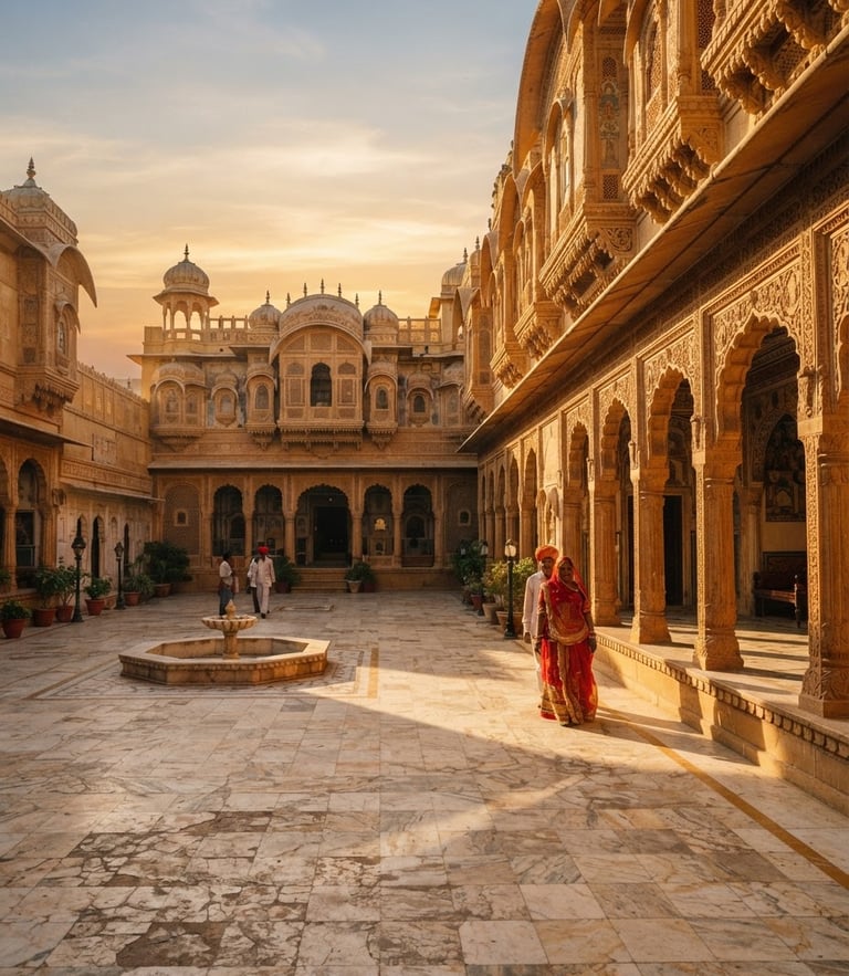 Wide environmental shot of a sun-drenched marble courtyard of a Rajasthani palace at golden hour, intricate hand-carved stone archways casting long shadows, warm editorial photography, 35mm.