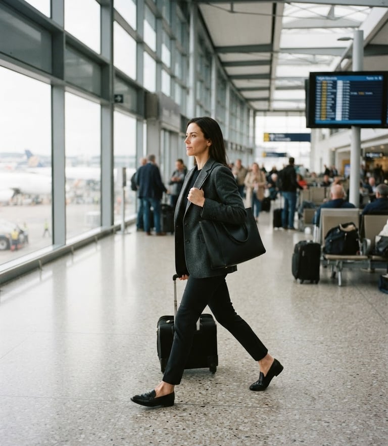 A professional woman in a sharp charcoal blazer walking purposefully through a sunlit airport terminal, soft overcast daylight, 35mm photography