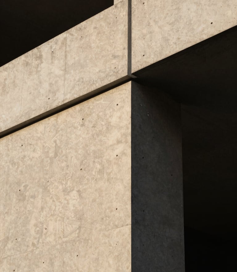 A close-up of a minimalist modern concrete and steel architectural structure connecting at a precise angle, warm side lighting, dark background.