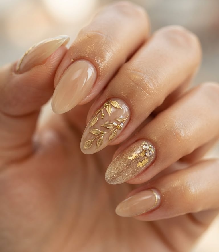 Extreme close-up of perfectly sculpted luxury gel nails, soft gold and warm beige tones, editorial studio lighting, macro lens focus