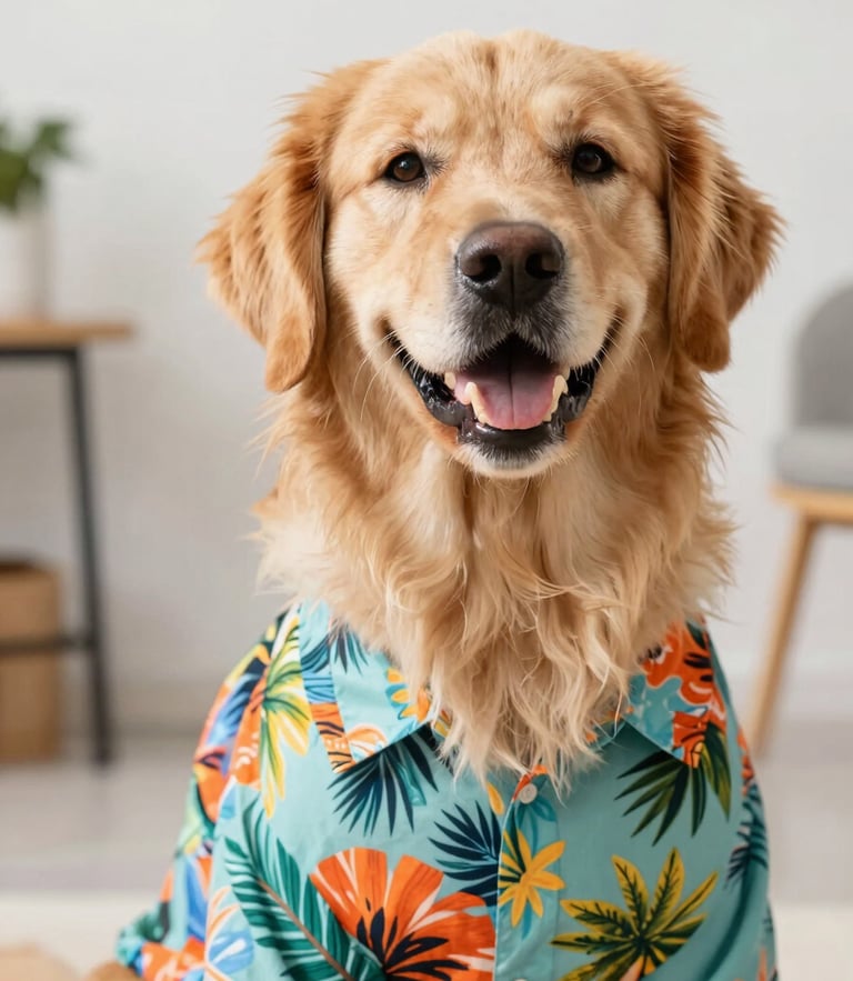 Bright editorial portrait of a happy smiling golden retriever wearing a colorful tropical shirt, soft natural daylight, Celaya workshop background
