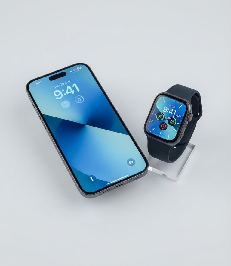 Isolated modern smartphone and smart watch on a light gray background, clean product photography, bright high-key studio lighting, crisp sharp focus