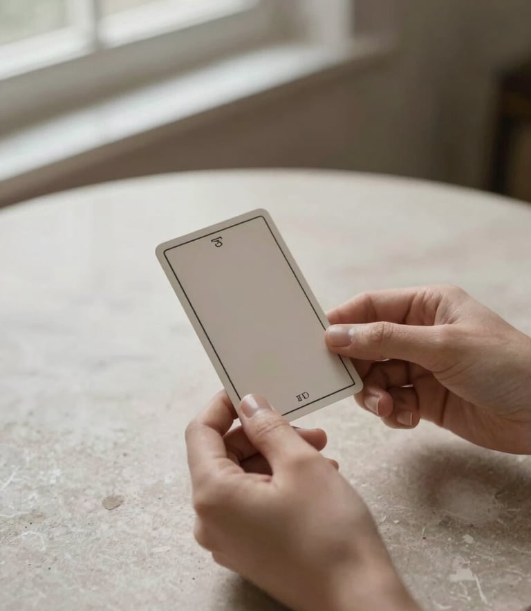 Elegant close-up of hands holding a single minimalist tarot card on a stone table under soft directional window light, muted neutral tones, 35mm