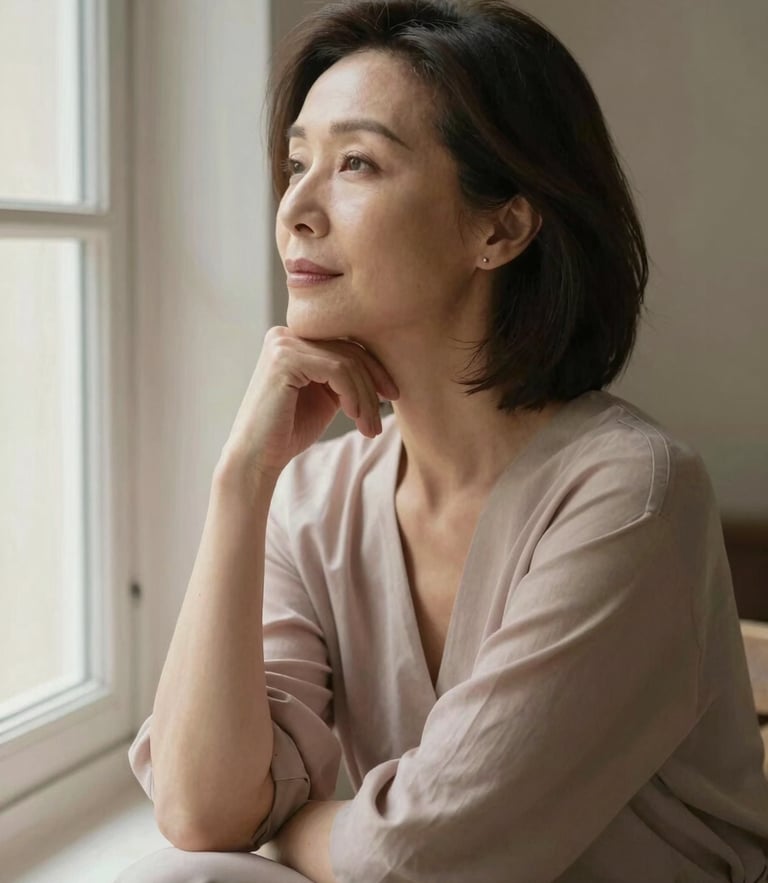 Elegant, introspective portrait of a mature woman in thoughtful repose, soft directional window light, warm neutral tones, 35mm