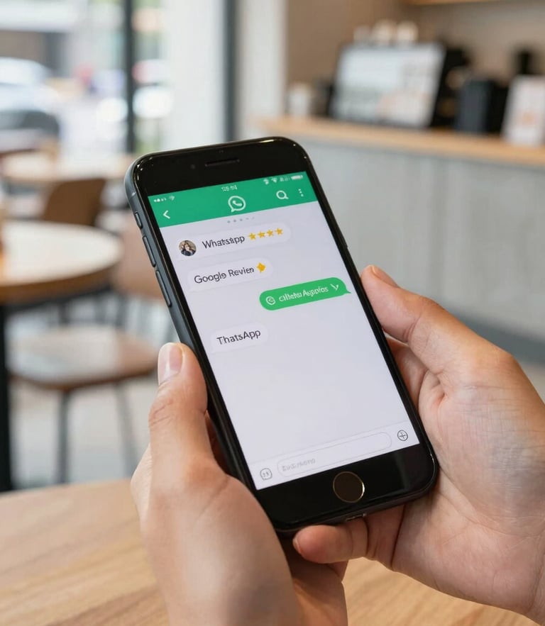 Close-up of a customer's hands holding a smartphone in a modern Bangalore cafe, displaying a WhatsApp chat requesting a Google review, natural daylight, sharp focus, 35mm.