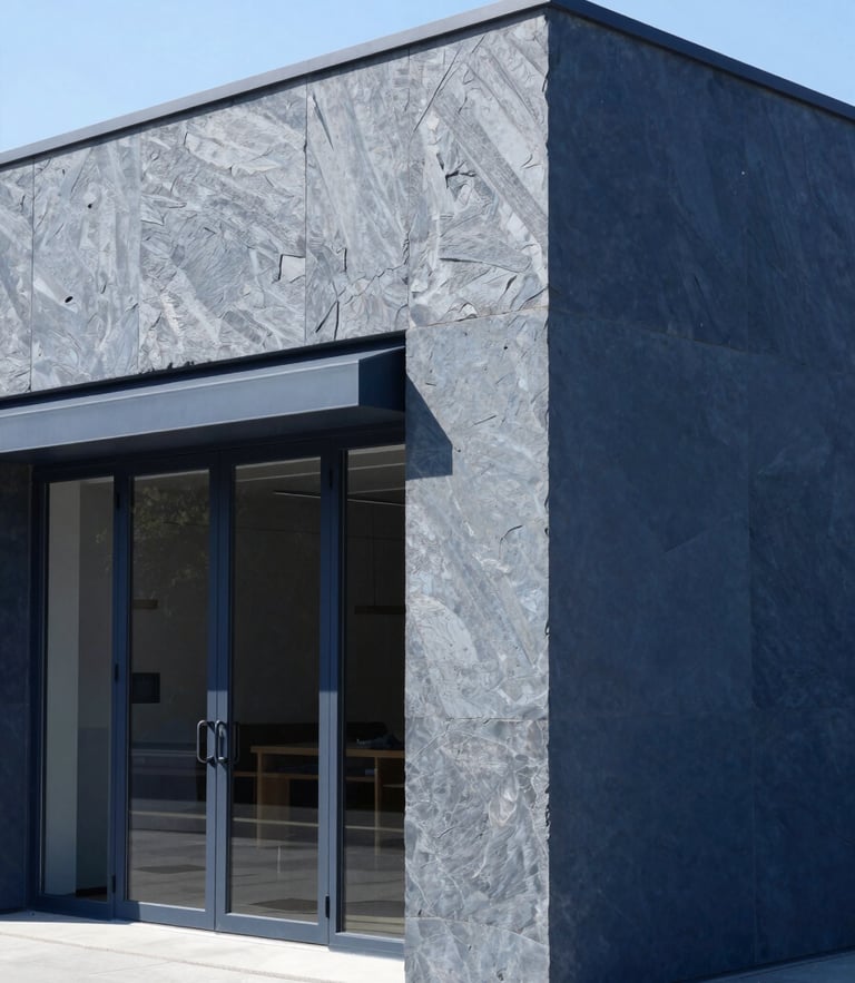 Sharp architectural photography of a modern commercial interior under bright natural daylight, clean lines, slate and deep blue tones, 35mm