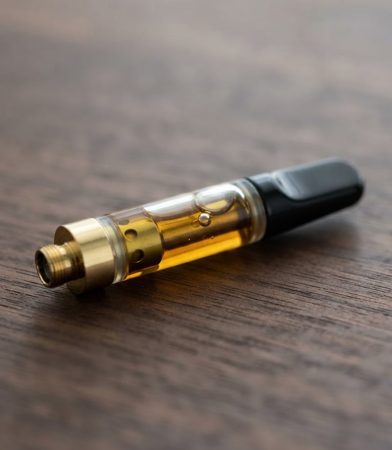 Macro 35mm portrait shot of clean amber distillate in a sleek glass cartridge resting on natural dark wood, bright studio lighting, soft shadows, clinical minimalist aesthetic, generous negative space.