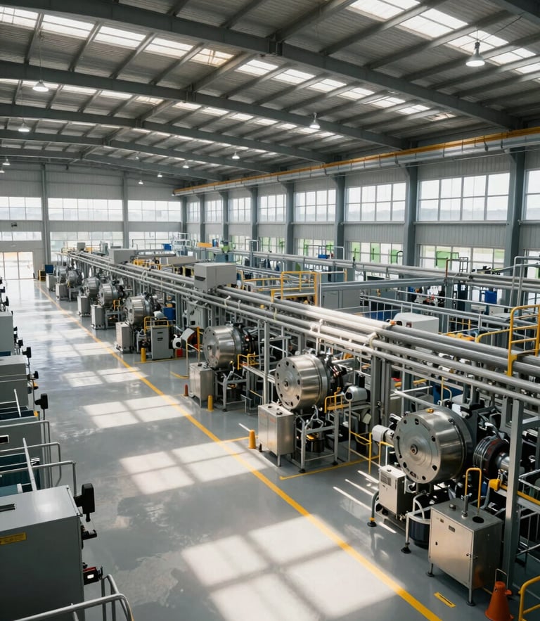 Wide panoramic view of a modern, highly organized industrial facility, clean floors, clear safety markings, natural light streaming from high windows, no people.