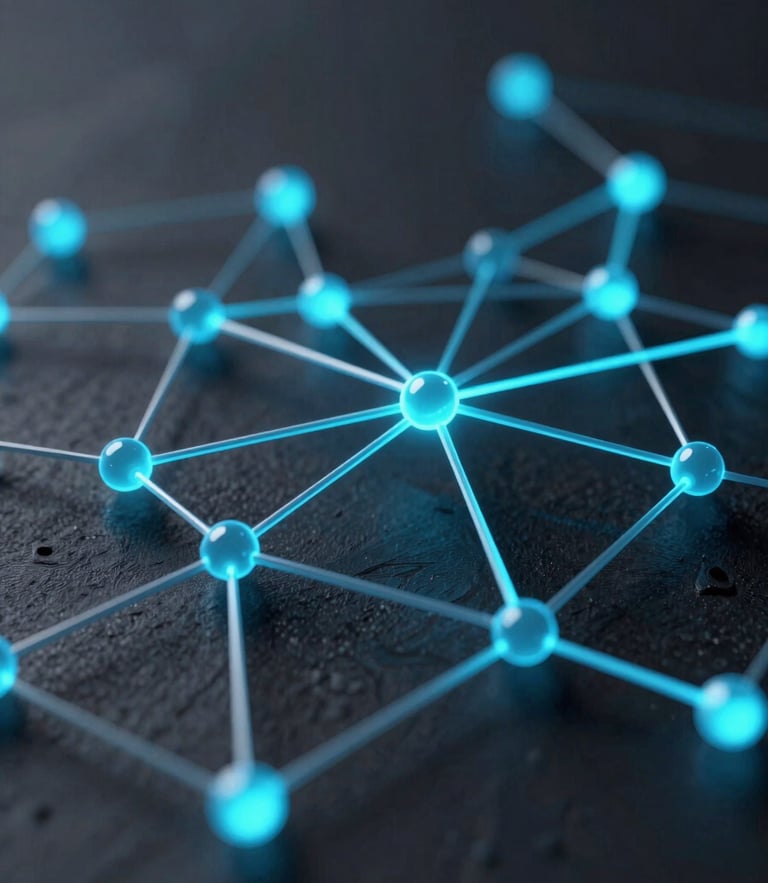 Sleek 3D render of abstract digital nodes and glowing network connections, dark slate background with sharp cyan highlights, macro depth of field