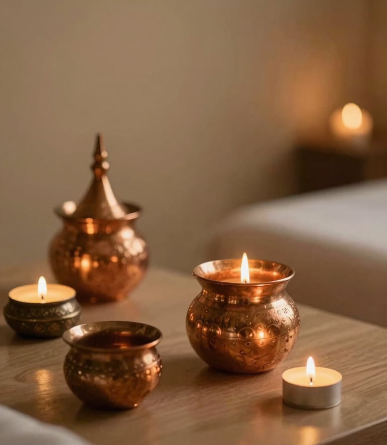 Warm low-key candlelit Ayurvedic treatment room with traditional copper vessels, soft golden-hour lighting, 35mm photography