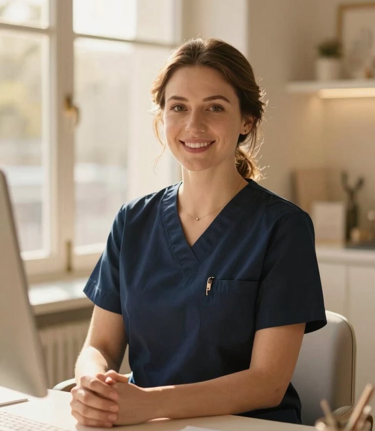 Soft-focus portrait of a warm, professional fertility coordinator in a sunlit boutique office, rich navy and champagne tones, golden-hour light, 35mm