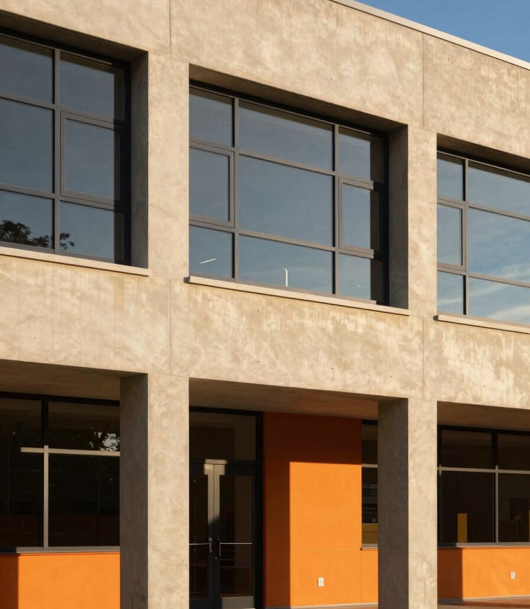 Warm editorial architectural photography of a modern school facade with clean concrete lines, golden hour natural light, sharp focus, 35mm
