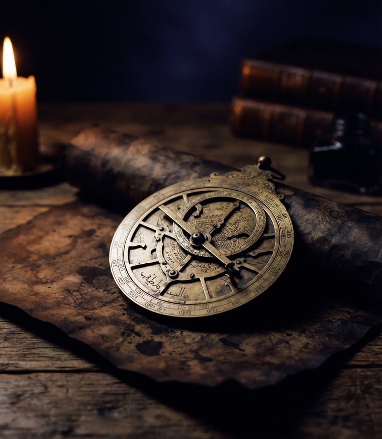An antique brass astrolabe resting on dark textured parchment, low-key dramatic chiaroscuro lighting, warm candlelight casting long shadows, scholarly editorial feel.