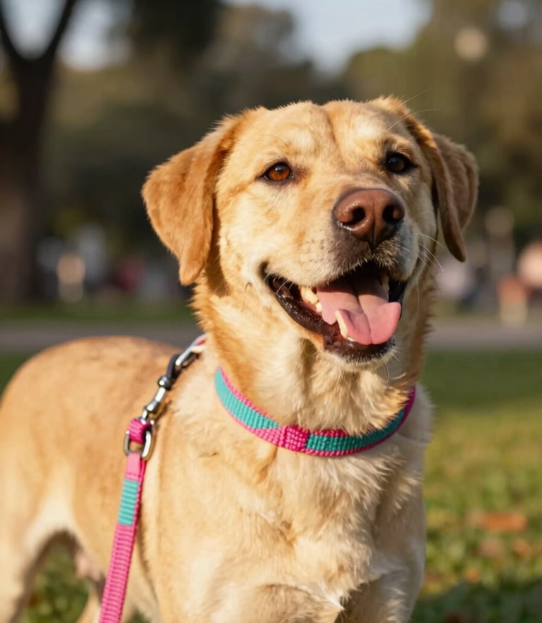 Close-up of a happy dog wearing a colorful handmade pink and teal woven leash in a sunny CDMX park, warm golden-hour sunlight, shallow depth of field, 35mm